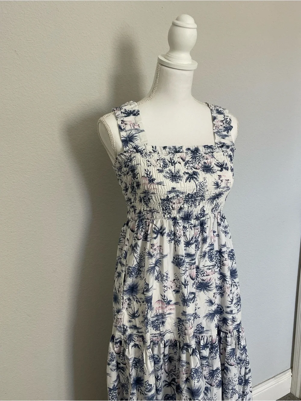 A&F Tropical Palm Print Maxi Dress Sz S Smocked Square Neck Tiered Boho Summer